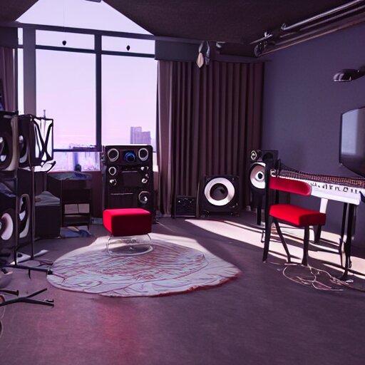 A screenshot of a Virtual Reality music studio, living room vibe, Paris loft style, red velvet furniture, light rays coming out of the windows, raytracing, highly detailed, futuristic, unreal engine 5, photoscanned, photorealistic, 