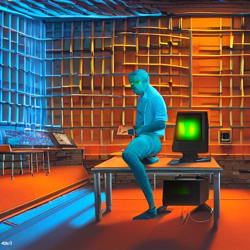 cinema 4D vibrant render, ultra detailed, of a person inside a jail cell sitting with a desk and CRT monitor, coding, matrix, cyber, screens and monitors, computer parts, open stack of books, 4K concept art, detailed, brick walls, vibrant setting, cinematic lighting, light shining through the jail cell, casting shadows, trending on art station, old computer monitor, stressful, working, hyper realistic, ultra detailed, unreal engine, 8K post production