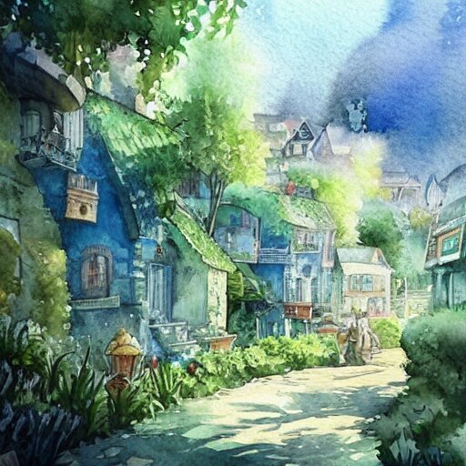 Beautiful happy picturesque charming sci-fi village in harmony with nature. Beautiful light. Water and plants. Nice colour scheme, soft warm colour. Beautiful detailed watercolor by Lurid. (2022)