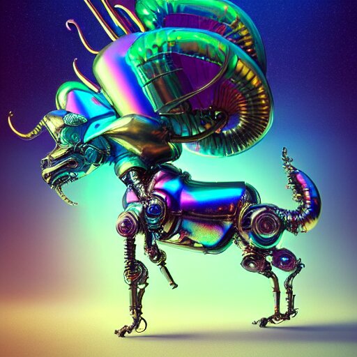 iridescent opalescent cyborg animal in candyland, warm tones : by michal karcz, daniel merriam, victo ngai and guillermo del toro : ornate, dynamic, particulate, intricate, elegant, highly detailed, centered, artstation, smooth, sharp focus, octane render 