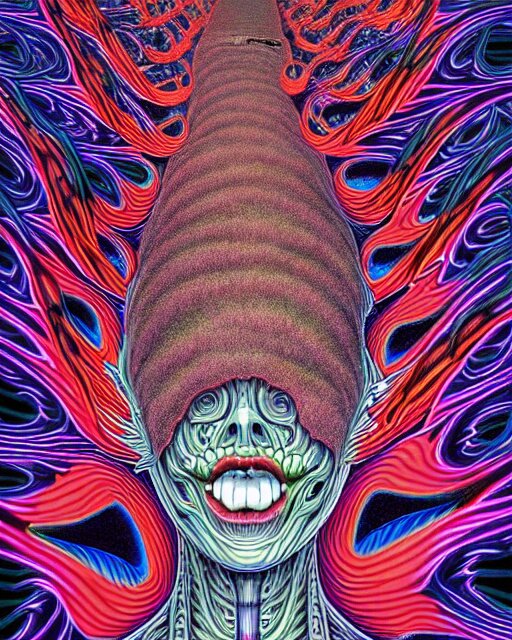 human body breaking away, conjuring psychedelic illustration, part by shintaro kago, part by alex gray, ultra realistic, highly detailed, 8 k, symmetry, fractals, grotesque, vibrant 