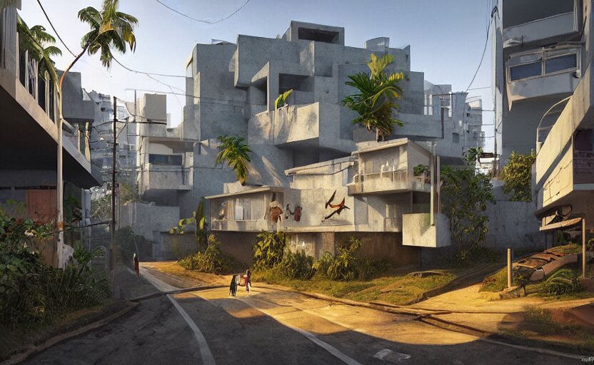 a contemporary modernist favela environment, many wild animals, simplicity, minimalist, elegant, glass panes, billboards, glowing lights, soft ambient lighting, photorealism, unreal engine, art by michael whelan and chris moore and howard david johnson and tim white and dan giancola 