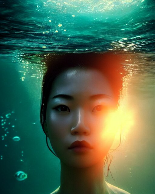 portrait of asian woman underwater during sunrise, sunrays, aqua