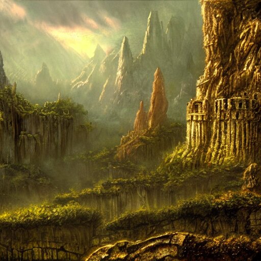 fortress in the misty woods, crisp, clear, matte oil painting, darrell k sweet, wallpaper 