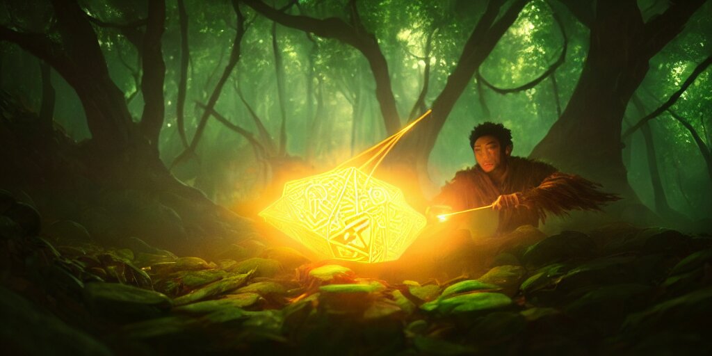 magic : the gathering art of a mythical forest god rolling a d 6 dice, glowing energy, fantasy magic, by willian murai and jason chan, sharp focus, cinematic, rule of thirds, foresthour 