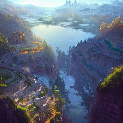 a birds eye view overlooking an ancient fantasy city surrounded by mountains and trees of greens and browns, rivers and lakes by Jordan Grimmer, Asher Brown Durand and Ryan Dening, 8k, artstation, beautiful color pallette