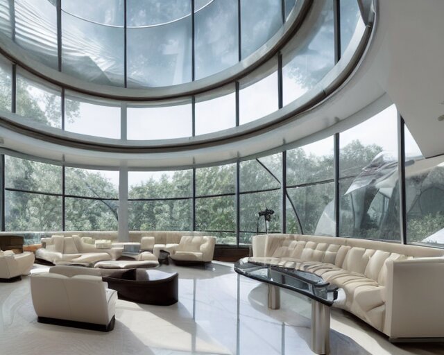 A futuristic living room with floor to ceiling glass windows on the left and curved wooden stairs going upstairs on the right, two white sofas with a white marble table in the center of the living room, stairs to the second floor, in a large glass dome, 8k resolution, professional interior design photograph, wide angle photograph