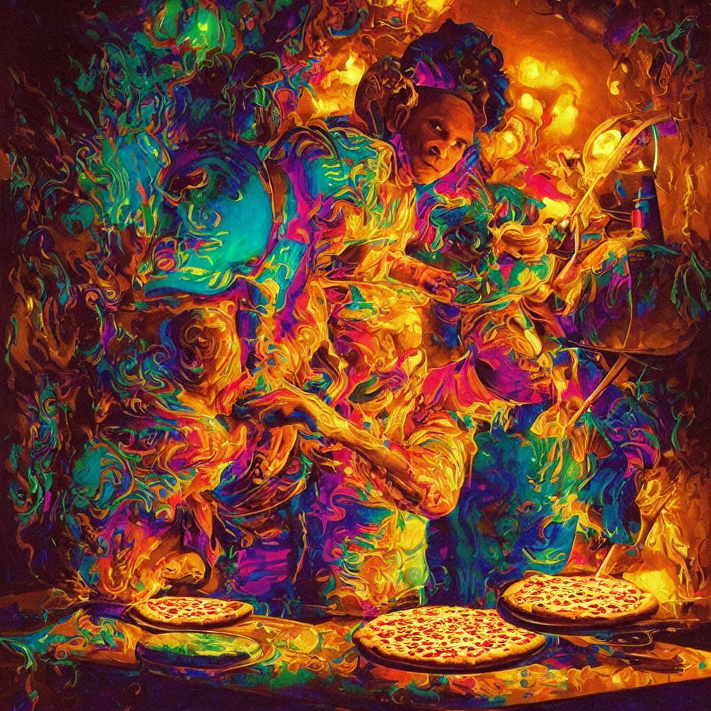 bright psychedelic portrait of_nick_cave_baking_a_pizza, diffuse lighting, fantasy, intricate, elegant, highly detailed, lifelike, photorealistic, digital painting, artstation, illustration, concept art, smooth, sharp focus, art by John Collier and Albert Aublet and Krenz Cushart and Artem Demura and Alphonse Mucha