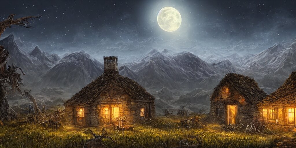 Skeleton infested fields with large mountains in the distance, small cottage in the foreground, nighttime, moon in the night sky, landscape wallpaper, d&d art, fantasy, painted, 4k, high detail, sharp focus