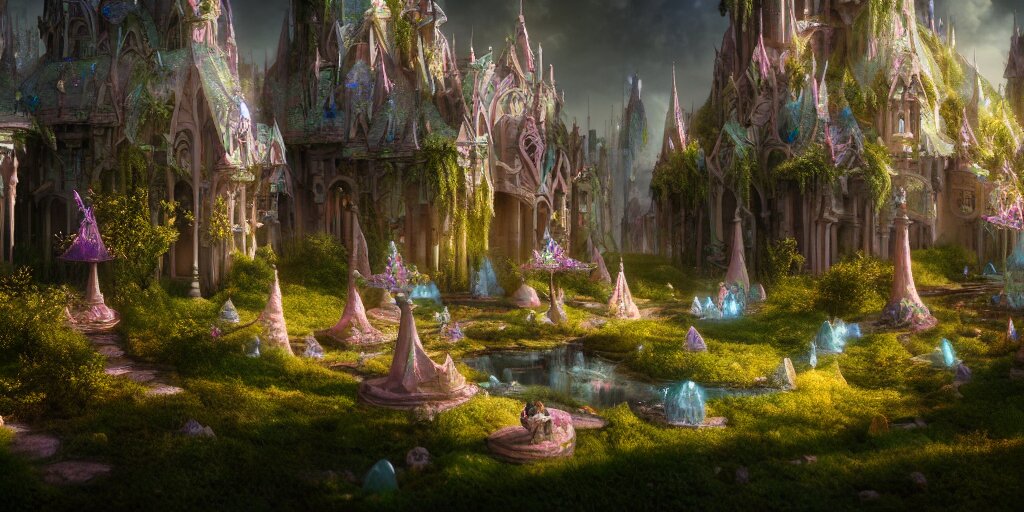 in an ethereal magical fairy city, highly detailed, 8 k, hdr, award - winning, octane render, artstation, volumetric lighting 