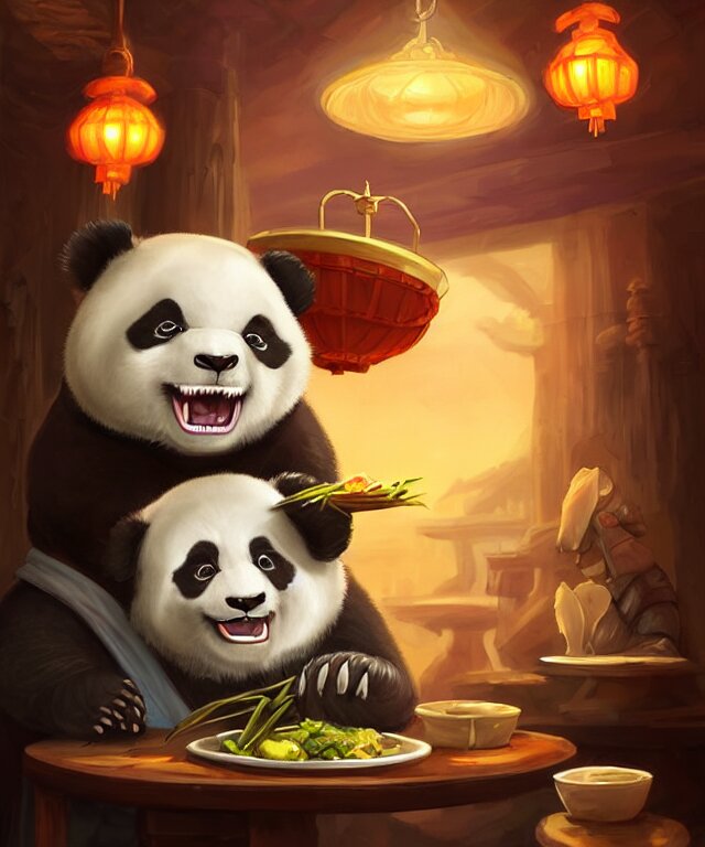 a portrait an anthropomorphic panda mage eating chinese food, wearing mage robes, restaurant in background, cute and adorable, dnd character art portrait, well rendered matte fantasy painting, deviantart artstation, by jason felix by steve argyle by tyler jacobson by peter mohrbacher, cinematic lighting 