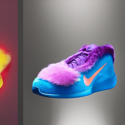 poster nike shoe made of very fluffy colorful faux fur placed on reflective surface, professional advertising, overhead lighting, heavy detail, realistic by nate vanhook, mark miner 