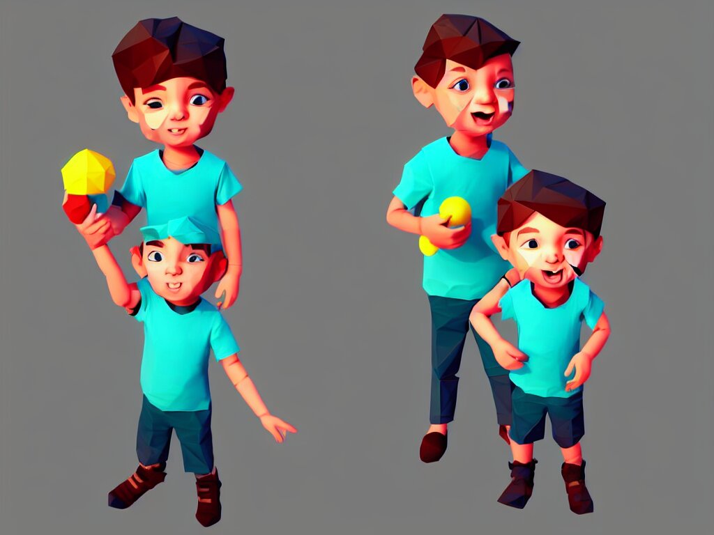 a young boy holding a toy, rolled up sleeves, character design, low poly, pinterest, 4 k 