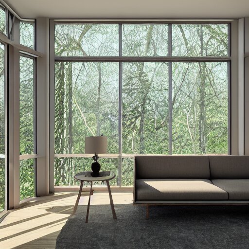 interior of brutalist style housing unit, neoplastic paintings as walls, an old person looking the forest landscape through a tall window, very detailed, octane render, hyperrealistic picture