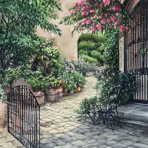 delicate, garden, paved, botanic watercolors, iridescent, 8 k, realistic shaded, fine details, artstation, italian, chairs, iron gate, pine maritime, mediterranean 