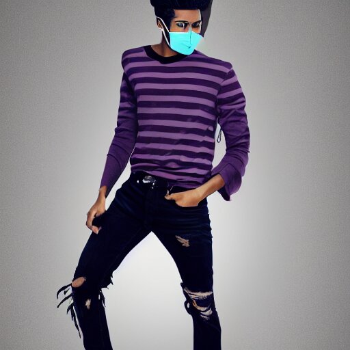 professional sketch of a full-body view of a stylish young adult man with short hair wearing a black face mask, a striped long-sleeved shirt, and ripped jeans, high quality, HD, 8K, highly detailed, award-winning, dark purple clouds