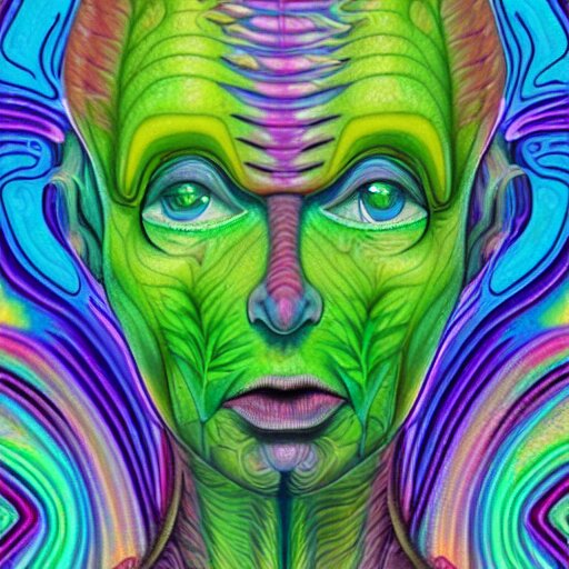 a digital painting close shot of an alien pondering into your soul, green trees in the background, alex grey, lisa frank, colorful, vibrant,