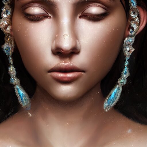 a beautiful portrait of a diamond goddess with glittering skin, a detailed painting by greg rutkowski and raymond swanland, behance contest winner, photorealism, behance hd, daz 3 d, zbrush 