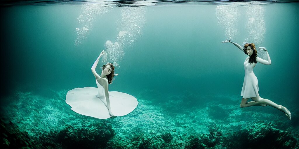 deep underwater photography of beautiful model in flat dress concert hall by emmanuel lubezki 