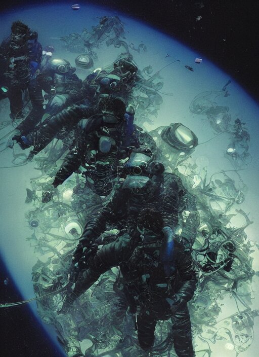 astronauts divers in dark void underwater - complex and hyperdetailed technical suit design. reflection and dispersion materials. rays and dispersion of light. volumetric light. f / 3 2. noise film photo. flash photography. ultra realistic, 5 0 mm. poster by wayne barlowe, hajime sorayama aaron horkey, craig mullins 