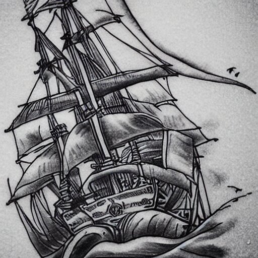 a pirate ship sailing in the sea, realism tattoo design, amazing shades, clean white paper background, in the style of david vega