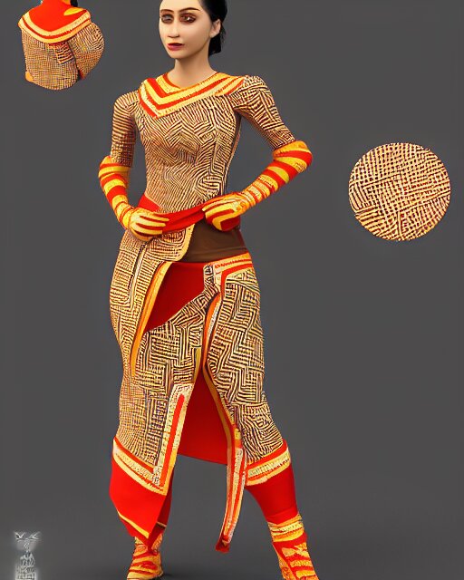 marvelous designer 3d render Assamese bihu mekhela sador pattern gamosa style fashion costume design, D&D futuristic retrofuturistic-sci-fi dynamic, modern stylish glamour body hugging cosplay, highly inventive pattern cutting, cgsociety, unreal engine 8k