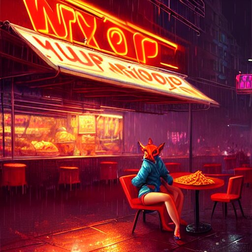 splash art of anthropomorphic female vulpes vulpes fulva woman sitting at a noodle stand eating noodles in the crowded street of a cyberpunk city, rain, harsh neon lighting, realistic, ultra detailed, by greg rutkowski, wlop, sakimichan, artgerm 