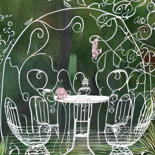 delicate, chairs, garden, paved, botanic watercolors, iridescent, 8 k, realistic shaded, fine details, artstation, italian, iron gate, tree, mediterranean, alien world 