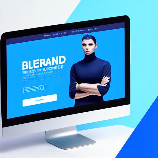 futuristic 3D website brand design portal, blue background with white text, new 4D design layout on the side, pleasing colors and readable fonts, featuring a super modern brand logo image in 5D