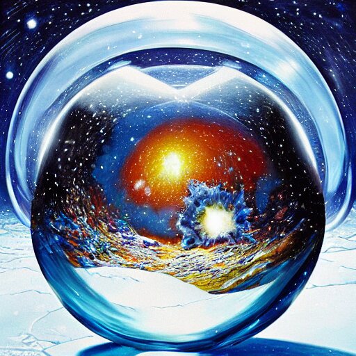 “ depiction of the beginning of the universe inside a snow globe, surreal, award winning, highly detailed, style by mark rogers, paul bonner, oil on canvas. ” 