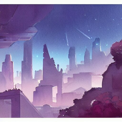 Beautiful happy picturesque charming sci-fi city in harmony with nature. Beautiful light. Nice colour scheme, soft warm colour. Beautiful detailed watercolor by Lurid. (2022)