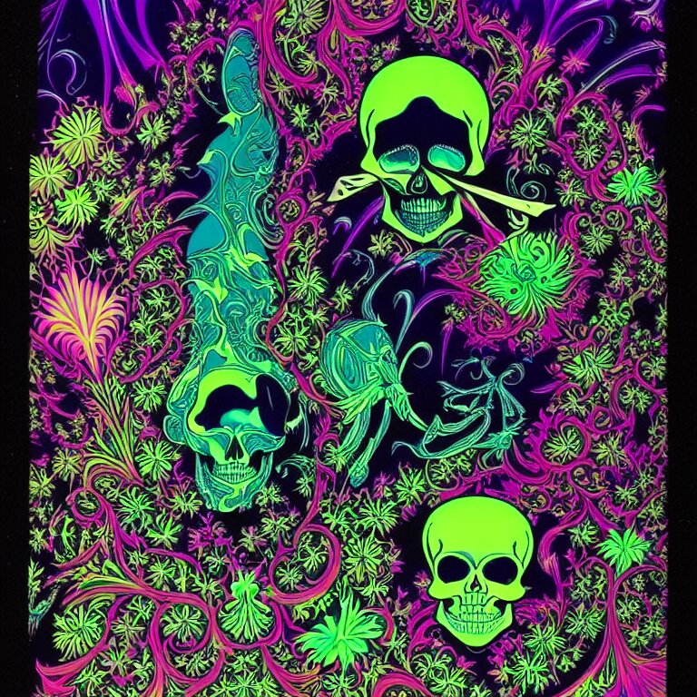 psychedelic skull infinite fractal worlds bright neon colors highly detailed cinematic eyvind earle tim white philippe druillet roger dean lisa frank aubrey beardsley 