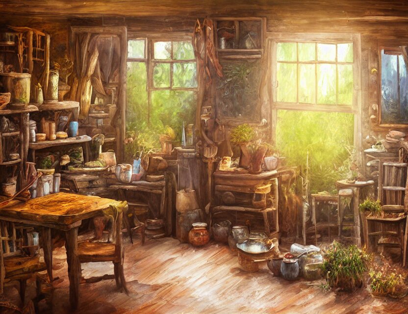 expressive rustic oil painting, interior view of a cluttered herbalist cottage, waxy candles, cabinets, wood furnishings, herbs hanging, wood chair, light bloom, dust, ambient occlusion, morning, rays of light coming through windows, dim lighting, brush strokes oil painting