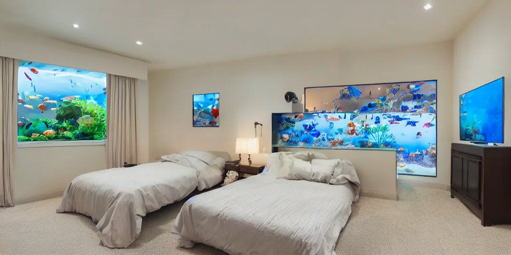 a bedroom with an aquarium behind the headboard, rays of light from the television on at midnight, calm environment, cinematic lighting, glare 