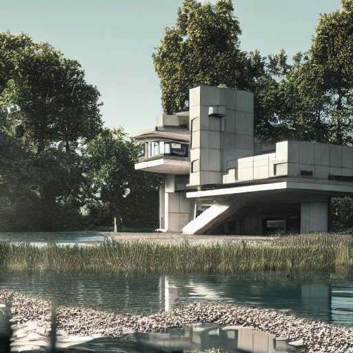 brutalist villa on edge of a lake, antoni gaudi and le corbusier, photorealistic, cinematic, volume light, rendered in octane, artstation