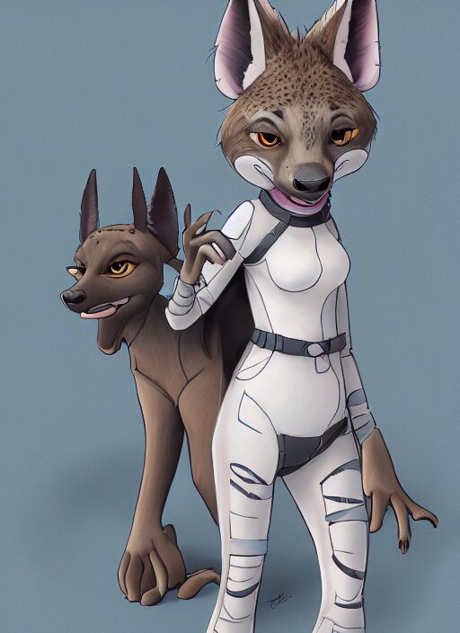 digital detailed full body of anthromorphic female hyena, in style of zootopia, zootopia, zootopia, fursona, furry, furaffinity, 4 k, deviantart, furry art, fursona art, wearing astronaut outfit, in style of zootopia, hyena fursona, cyberpunk, female, detailed feminine face, 