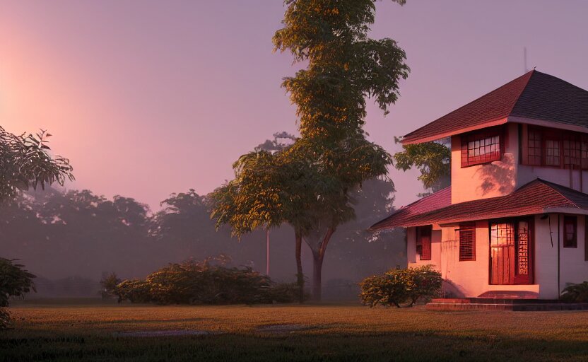 a beautiful small assam type house at sunrise, guwahati, concept art, octane render, unreal engine 5, trending on artstation, high quality, 8 k, soft lighting, path traced, hyperrealistic, highly detailed, digital art, symmetrical, cinematic, high coherence, godrays 