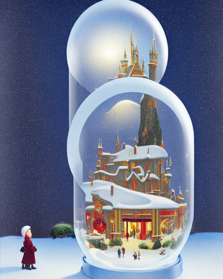 an achingly beautiful print of one modernist, cylindrical snow globe with disneyland inside by raphael, hopper, and rene magritte. detailed, proportional, romantic, vibrant, enchanting, trending on artstation 