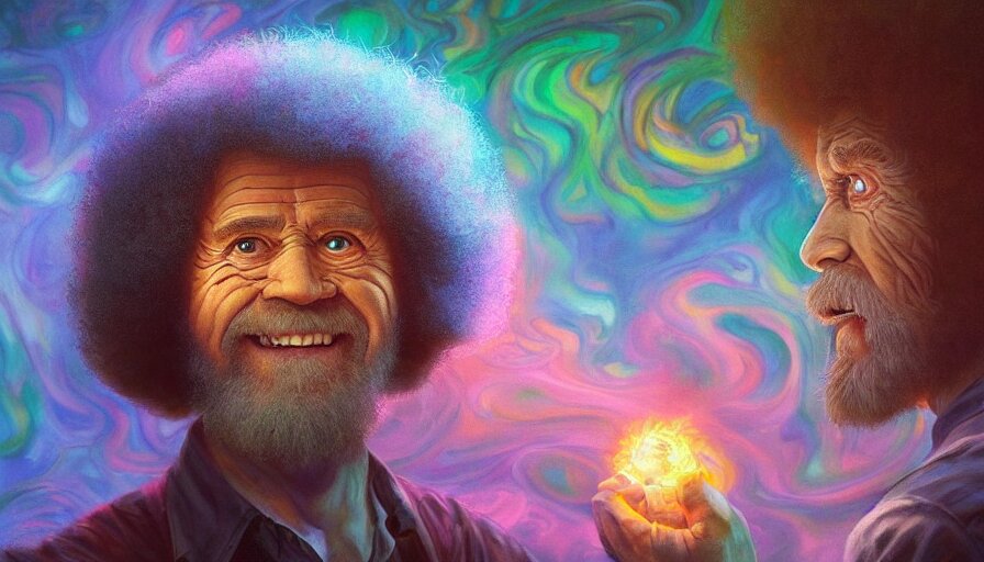 bob ross on a psychedelic trip with an open mouth and glowing eyes, staring, close - up, deep focus, extremely detailed digital painting, vibrant colors, in the style of tomasz alen kopera and fenghua zhong and peter mohrbacher, mystical colors, rim light, beautiful lighting, 8 k, stunning scene, raytracing, octane, trending on artstation 