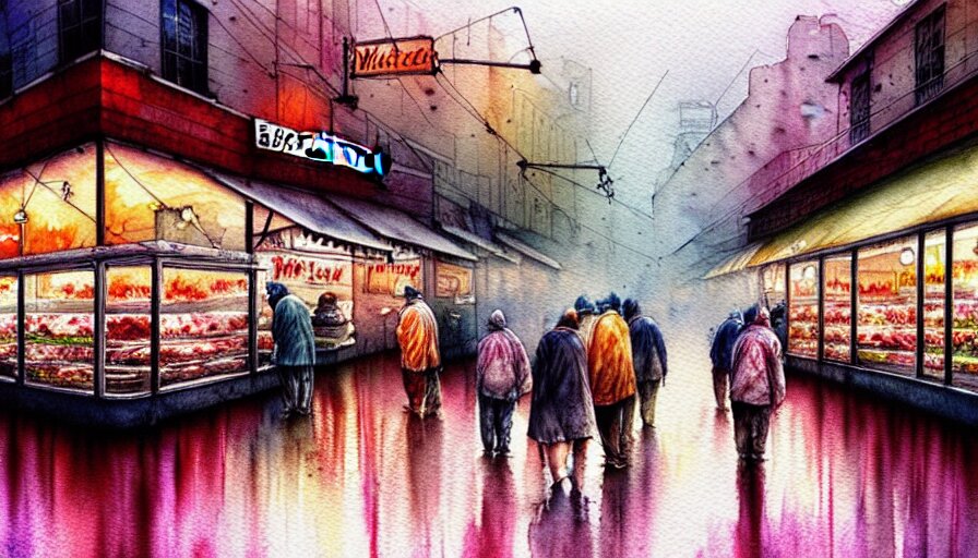 watercolor painting of a butcher shop, raining, busy street, romantisism, outrun, pastel colors, painting, moody, detailed, by android jones 