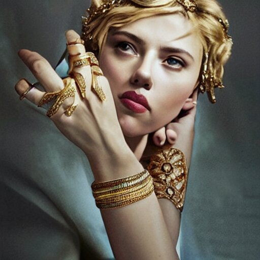 scarlett johansson dressed as a greek goddess in front of a ring of sapphire rose ring, ornate gold border, vignette, warm tri - color, subtle chromatic aberration, painted by francis goya 