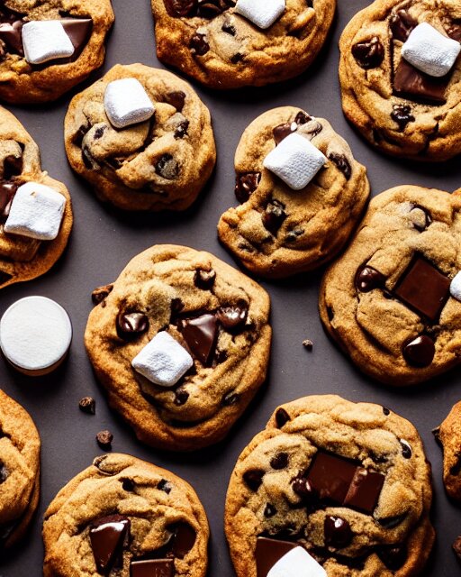 plate full of several freshly baked chocolate chip cookies, delicious, glistening, chocolate sauce, marshmallows, highly detailed, award winning photography octane render 