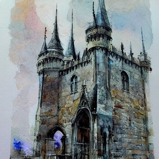 (((((((watercolor sketch of Gothic revival castle gatehouse. painterly, book illustration watercolor granular splatter dripping paper texture. pen and ink))))))) . muted colors. by Jean-Baptiste Monge !!!!!!!!!!!!!!!!!!!!!!!!!!!!!!!!!!!!!!!!