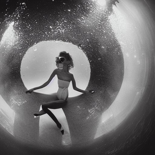 fisheye medium format photograph of a surreal fashion shoot underwater 