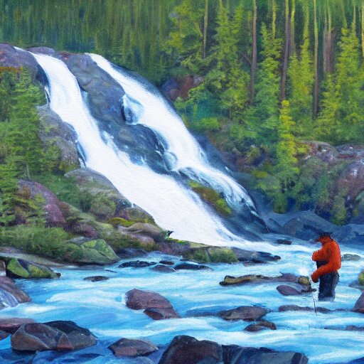 tardigrade fishing for salmon at Brooks Falls in Alaska, landscape painting by Moran and George Caitlin