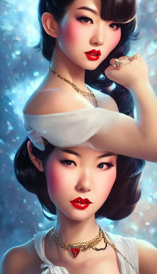 a pin up and beautiful fashion and charming and dreamlke asian girl with lv jewelry, medium shot, art by artgerm & ross tran & wlop, hyperdetailed, 8 k realistic, symmetrical, frostbite 3 engine, cryengine, dof, trending on artstation, digital art 