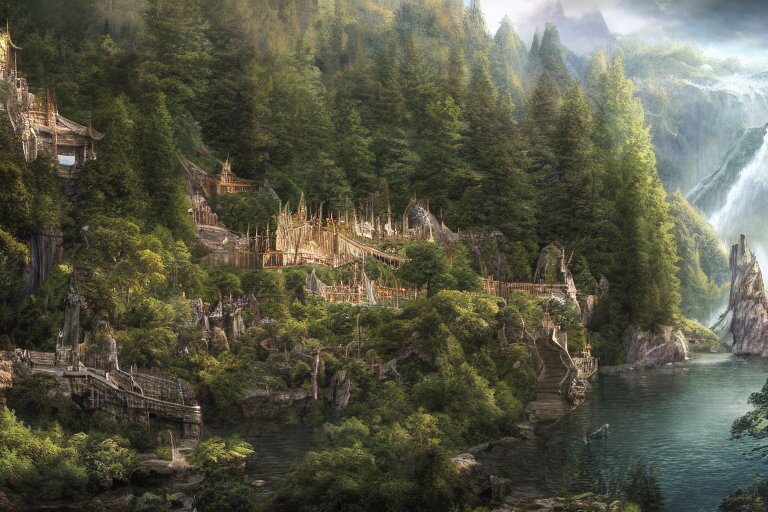 rivendell from lord of the rings matte painting by yanick dusseault and dylan cole, artstation, 4 k, insanely detailed, 