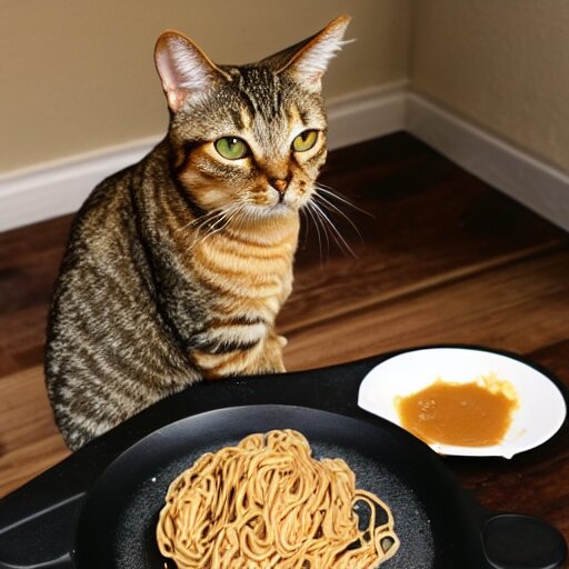 peanut butter and noodles on toast fat tabby cat watching over the food 