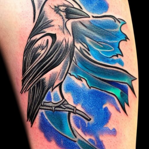 raven, jioness, forest, blue flame, moon, tattoo art by Bryan Alfaro, award winning tattoo concept, highly detailed,