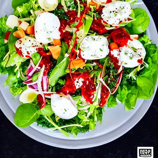 a giant salad that is the size of a building, with mozzarella and a lot of sauce, award winning photography, culinary art photography 